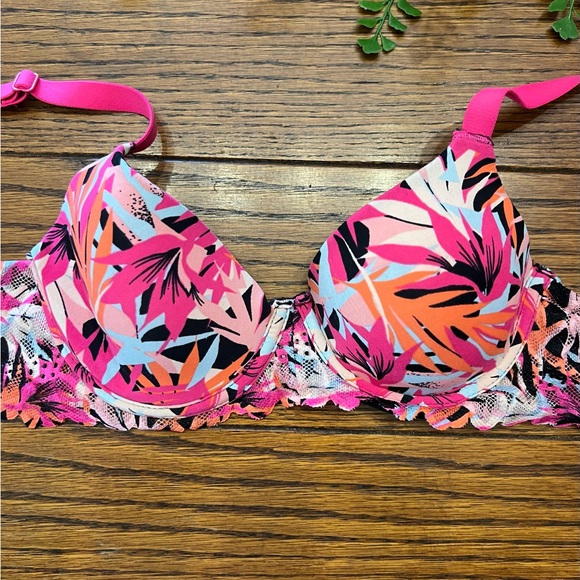 No Boundaries Push Up Bra,  32B , Bright Colors, Tropical Leaves, Hot Pink - Picture 1 of 8